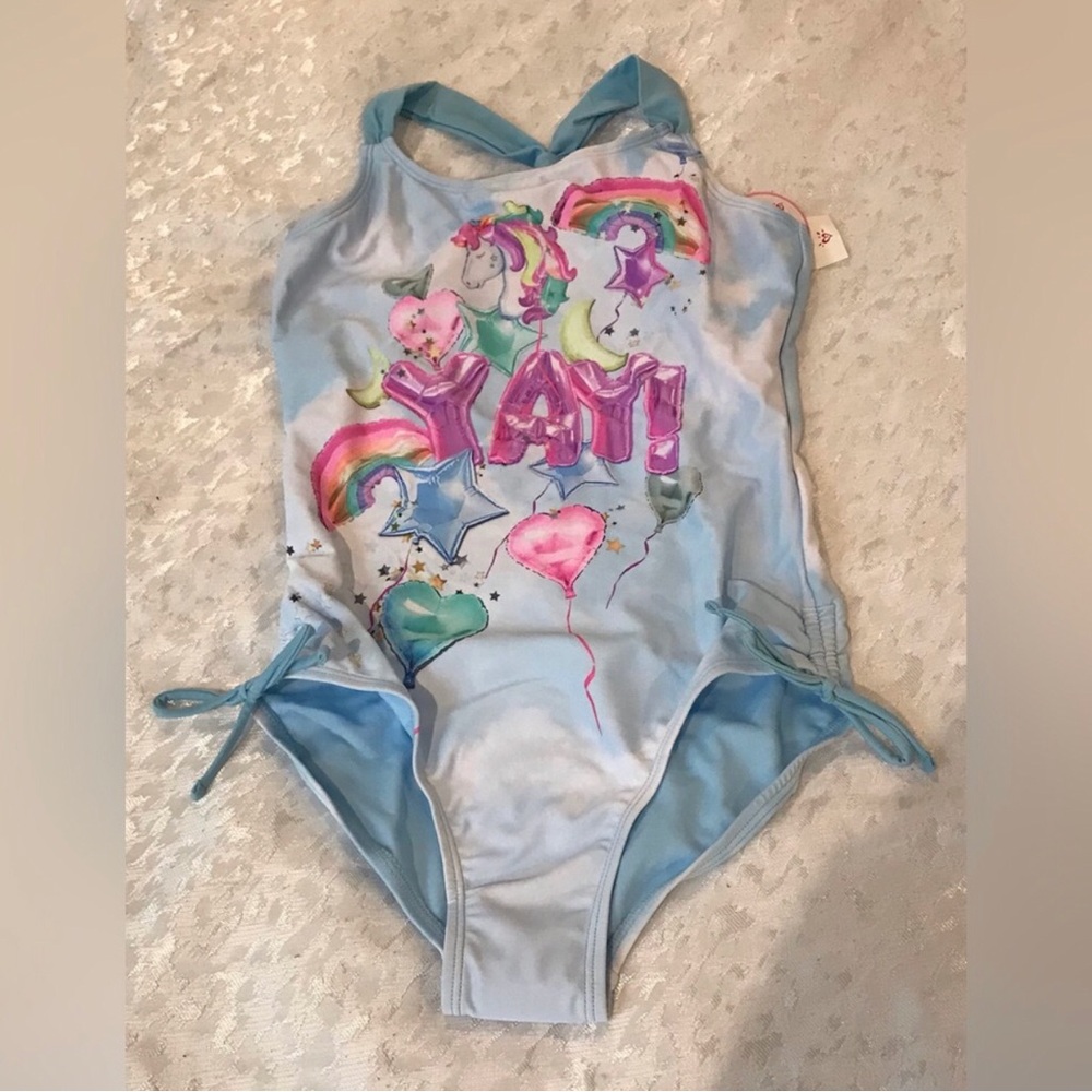 Light Blue Kids One-Piece Swimsuit with Rainbow Unicorns NWT